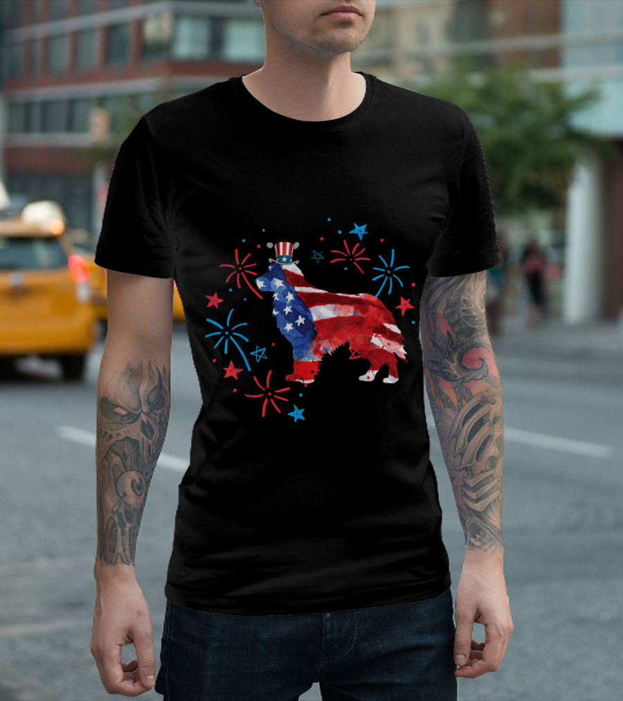 Patriotic Golden Retriever with Uncle Sam Hat and Fireworks T-Shirt