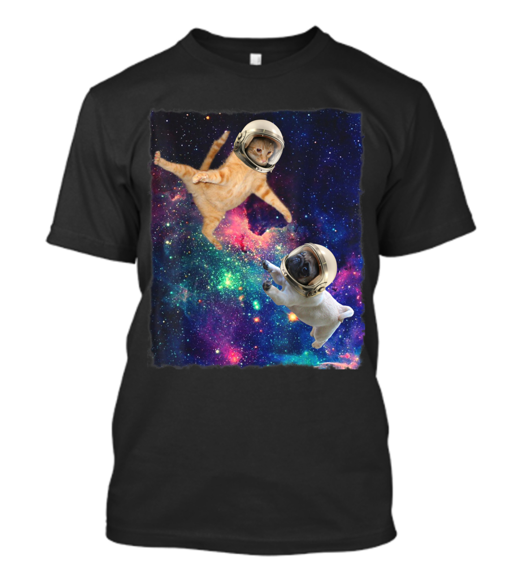 Cute Space Cat Vs Pug Galaxy Epic Fight In Astronaut Helmets Floating In Cosmic Battle Scene T-Shirt