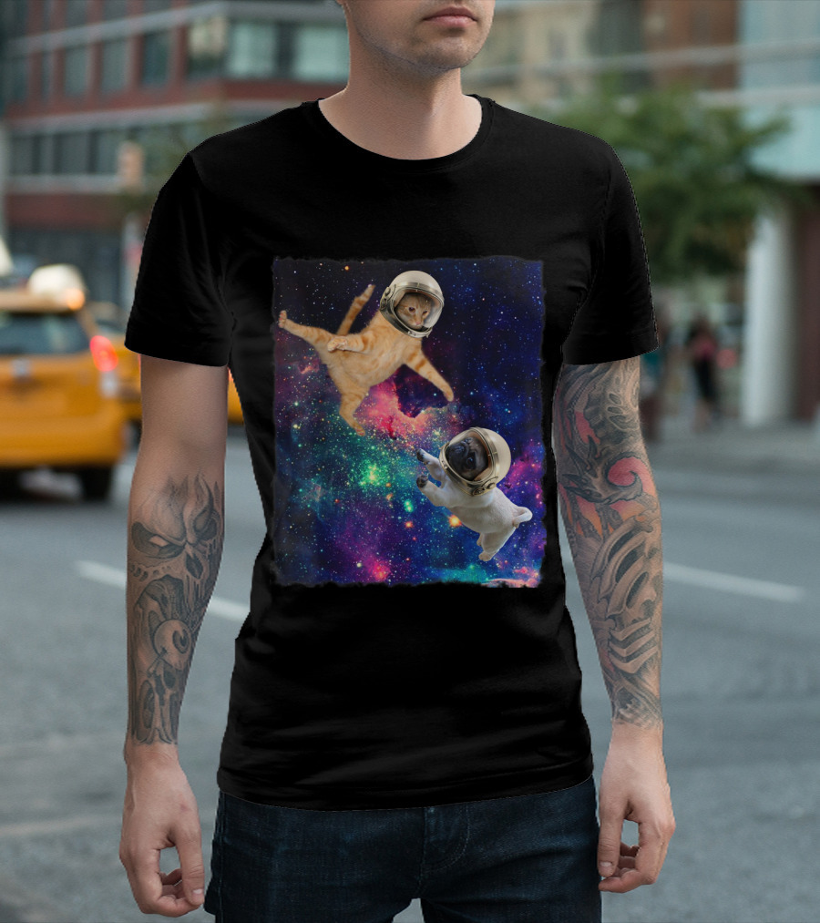 Cute Space Cat Vs Pug Galaxy Epic Fight In Astronaut Helmets Floating In Cosmic Battle Scene T-Shirt