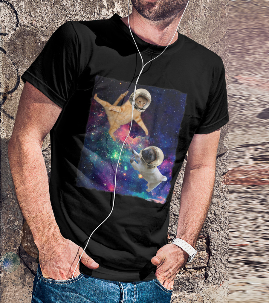 Cute Space Cat Vs Pug Galaxy Epic Fight In Astronaut Helmets Floating In Cosmic Battle Scene T-Shirt