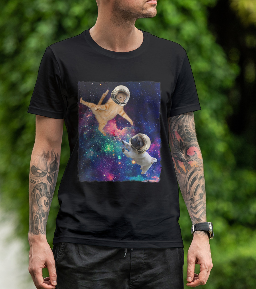 Cute Space Cat Vs Pug Galaxy Epic Fight In Astronaut Helmets Floating In Cosmic Battle Scene T-Shirt