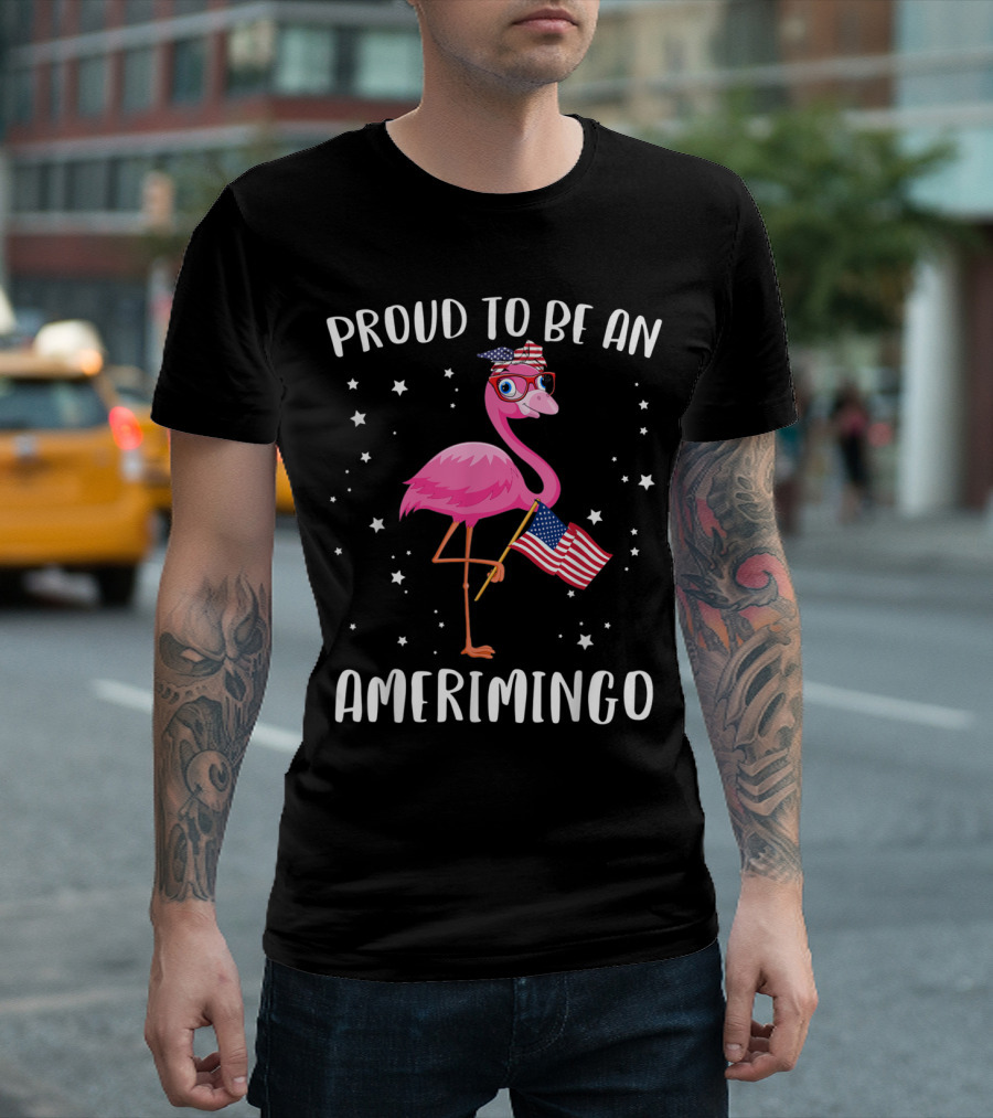 Proud To Be An Amerimingo Funny Pink Flamingo 4th July T-Shirt