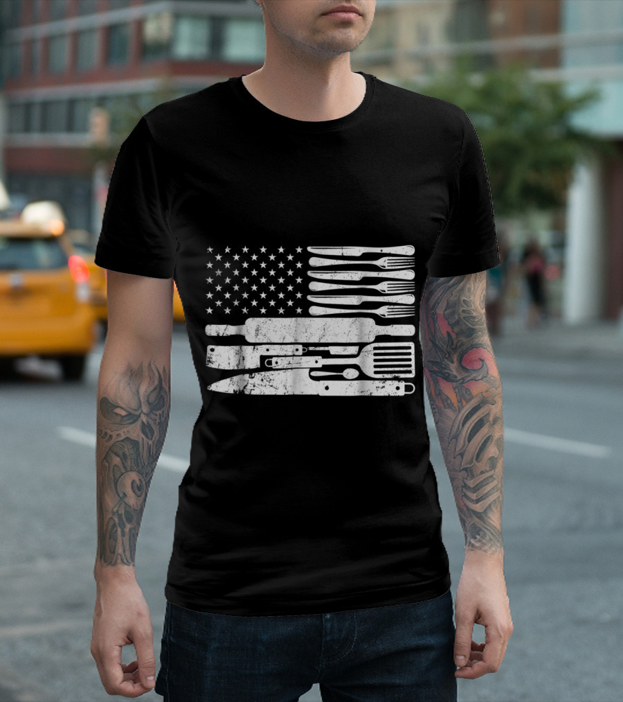 Happy Chef Cooking Utensils American Flag T-Shirt
