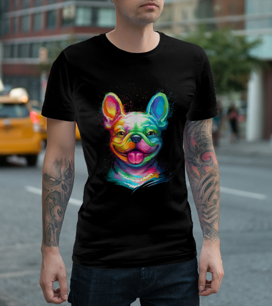 Vibrant Rainbow Happy French Bulldog Smiling Face T-Shirt