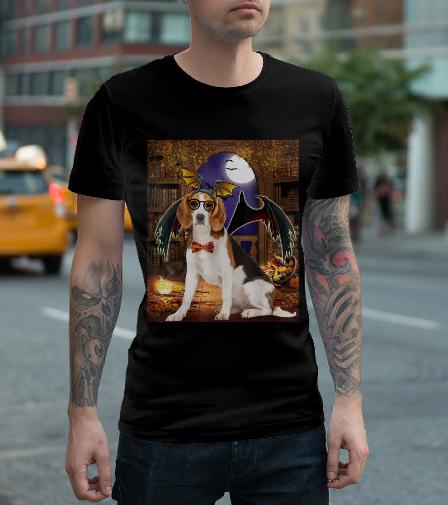 Happy Halloween Beagle Devil Dog with Bat Wings and Pumpkin T-Shirt
