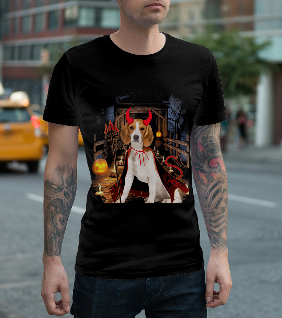 Happy Halloween Beagle Lover Funny Beagle Dog Devil Costume Jack-o'-Lanterns Bridge T-Shirt