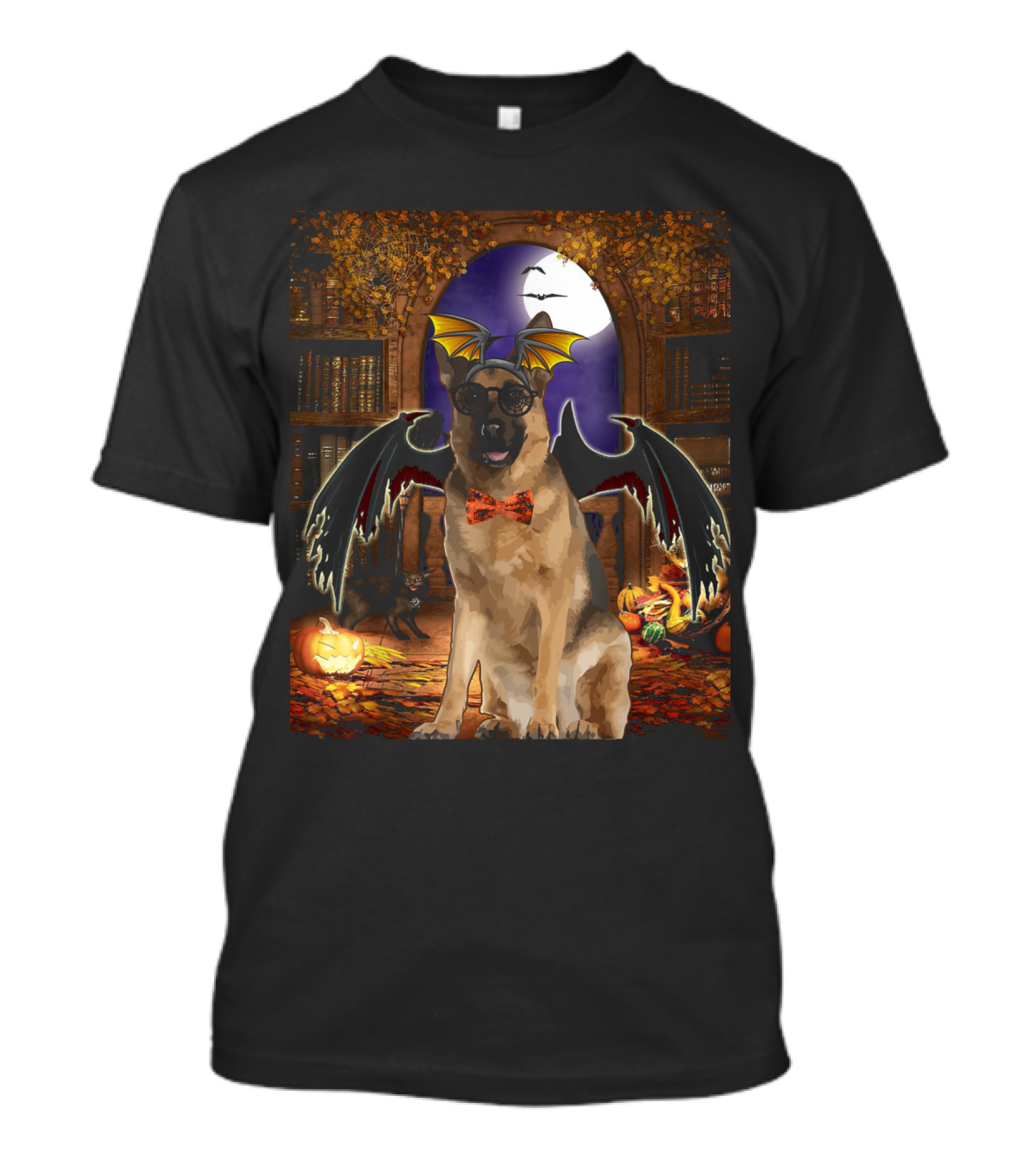 Halloween German Shepherd With Bat Wings And Bow Tie In Spooky Library T-Shirt
