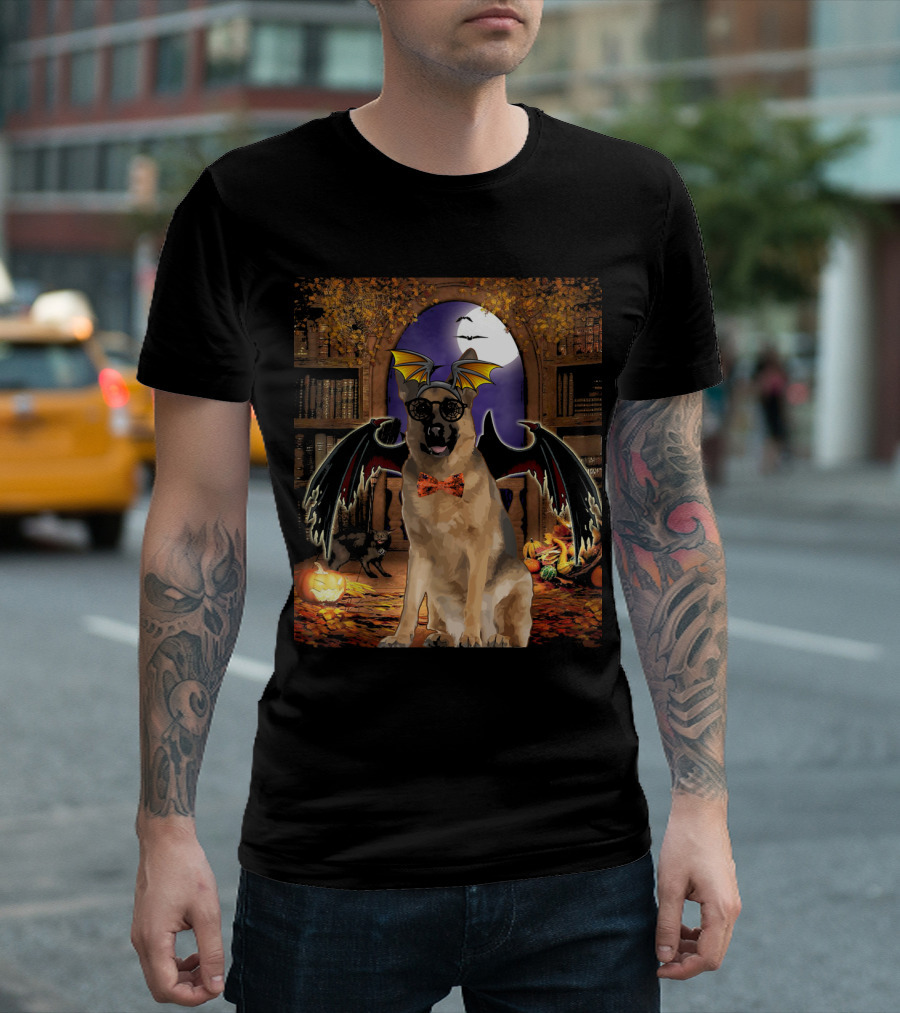 Halloween German Shepherd With Bat Wings And Bow Tie In Spooky Library T-Shirt