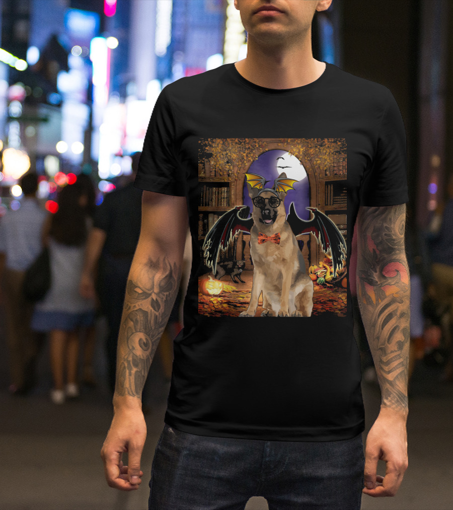 Halloween German Shepherd With Bat Wings And Bow Tie In Spooky Library T-Shirt