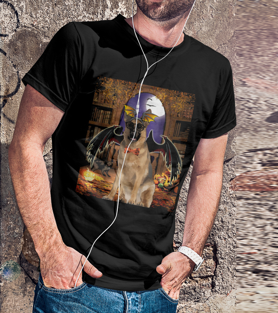 Halloween German Shepherd With Bat Wings And Bow Tie In Spooky Library T-Shirt