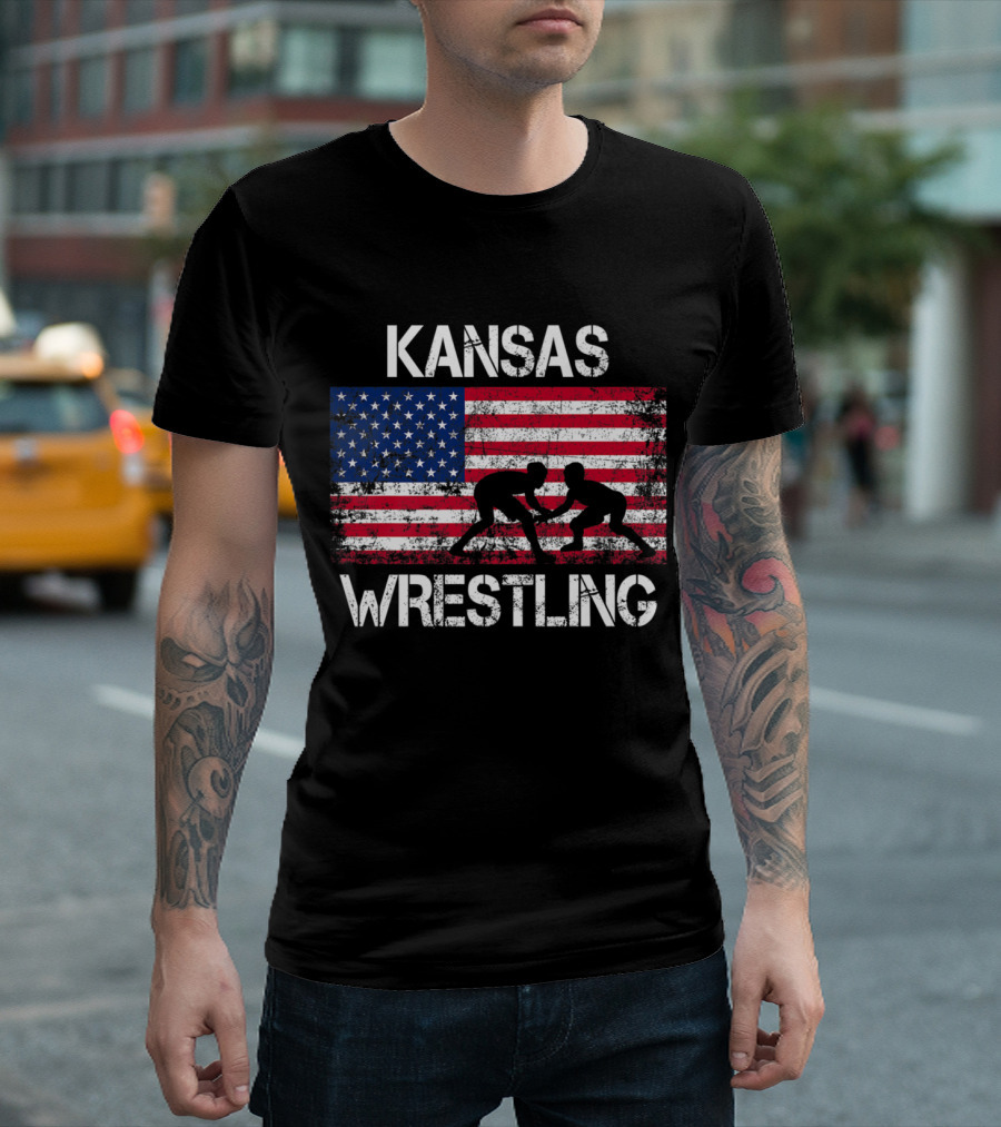 Kansas Wrestling With American Flag T-Shirt