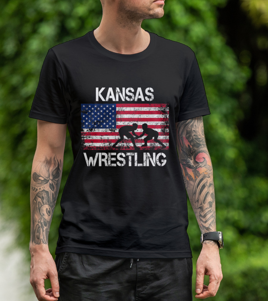 Kansas Wrestling With American Flag T-Shirt