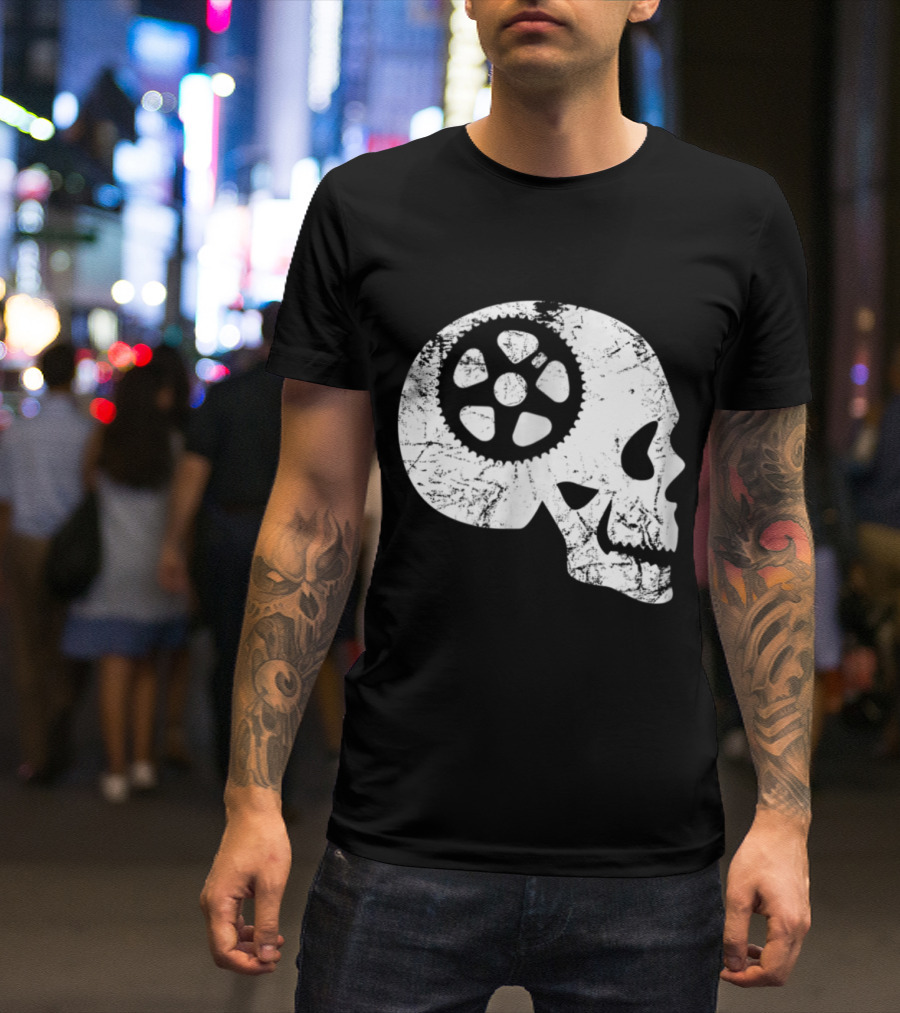 Cycling Skull Bicycle Sprocket Grunge T-Shirt