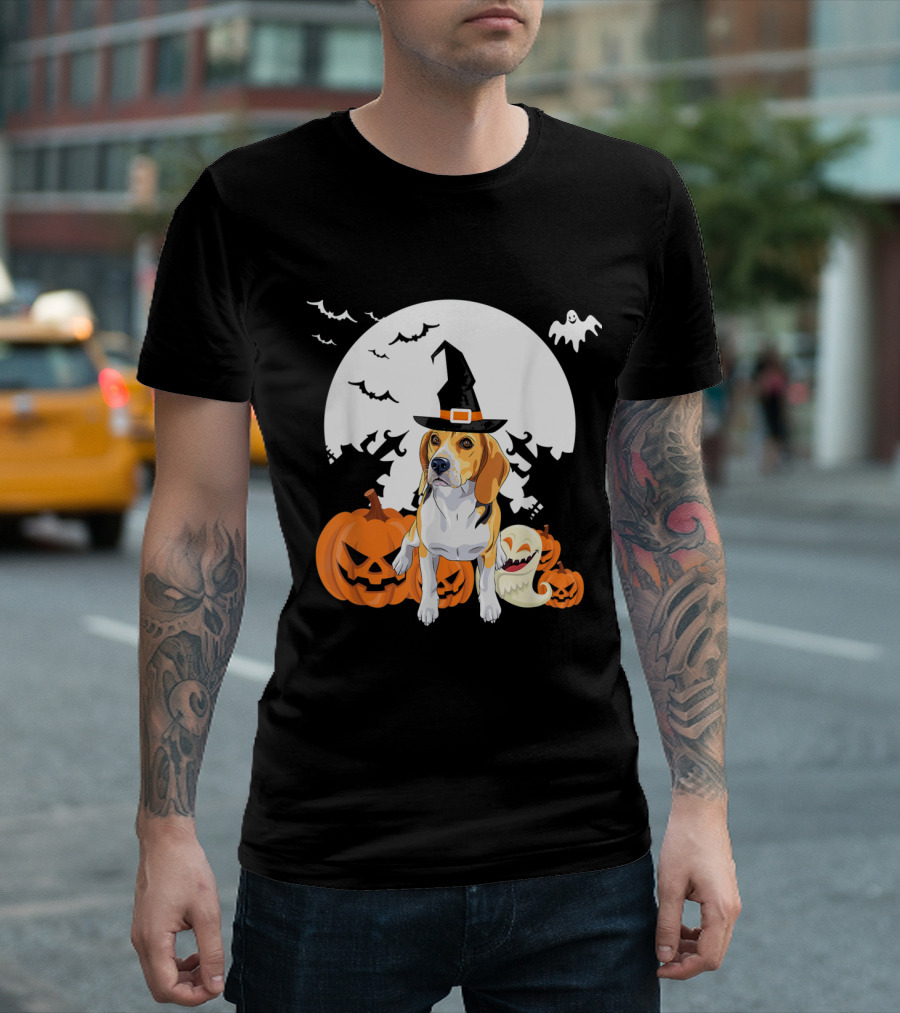 Happy Halloween Little Witch Beagle Pumpkins Full Moon Ghosts Bats T-Shirt