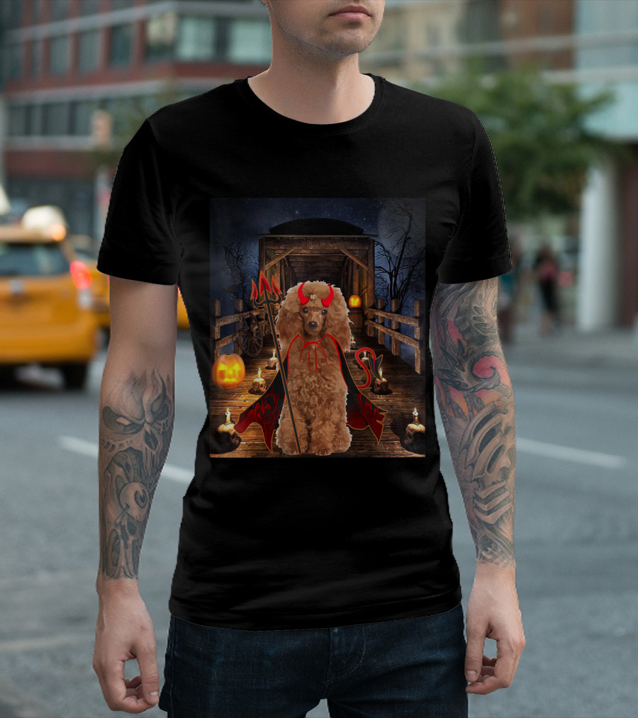 Happy Halloween Poodle Lover Devil Costume Spooky Bridge Night Scene T-Shirt