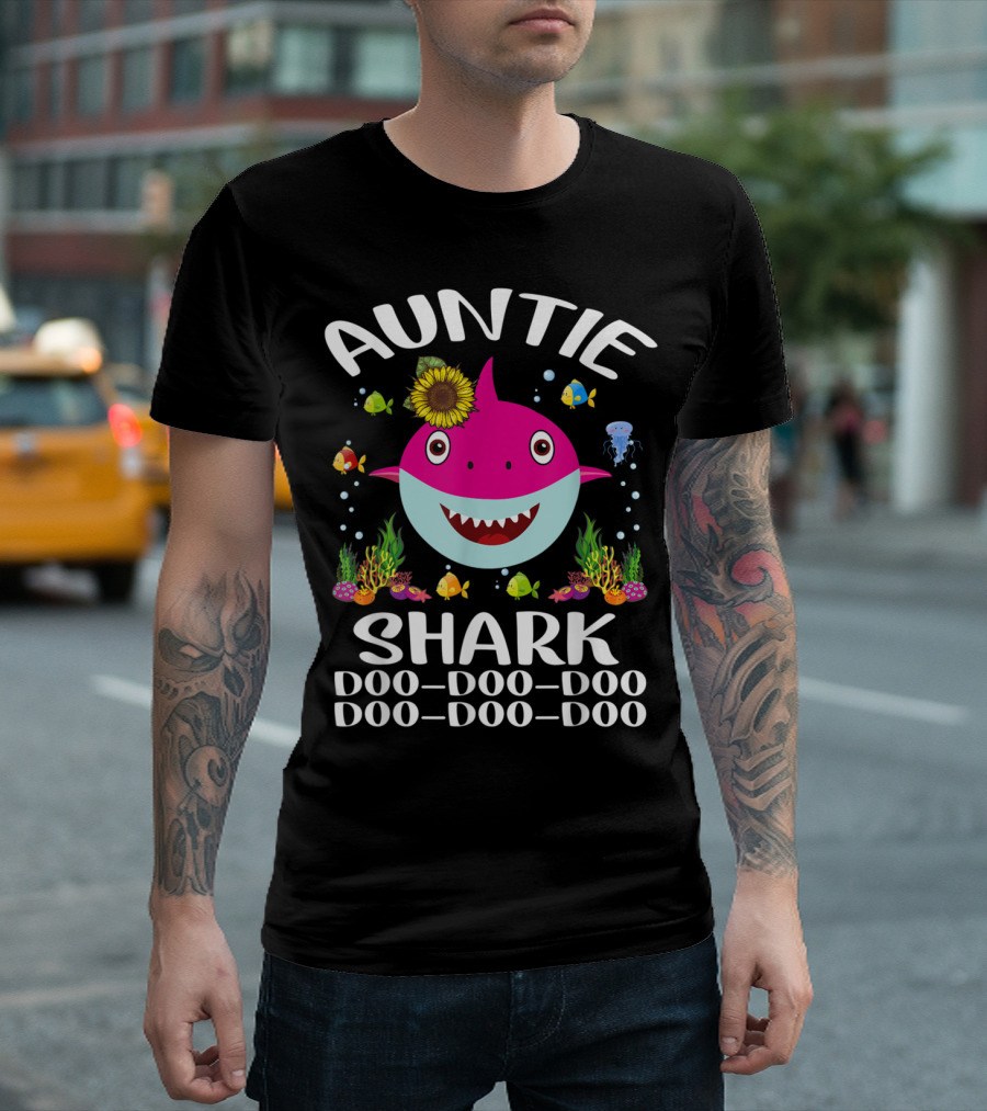 Auntie Shark Doo-Doo-Doo Sunflower Jellyfish Fish Coral T-Shirt