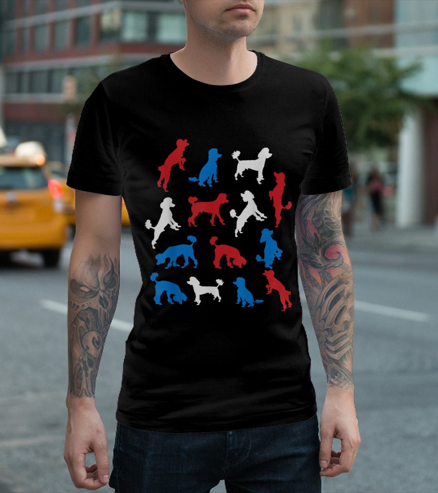 Patriotic Poodle Silhouettes in Red White Blue USA Flag Colors T-Shirt