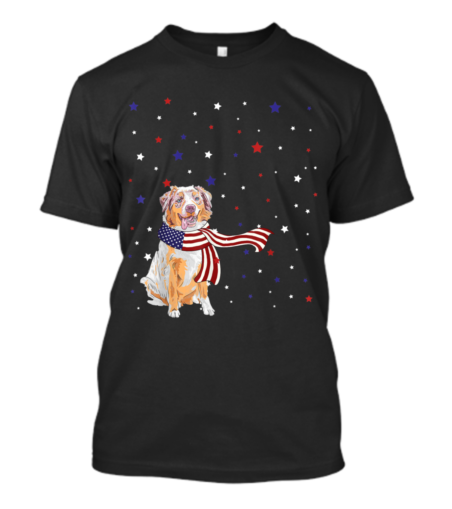 Australian Shepherd With American Flag Scarf And Starry Background T-Shirt