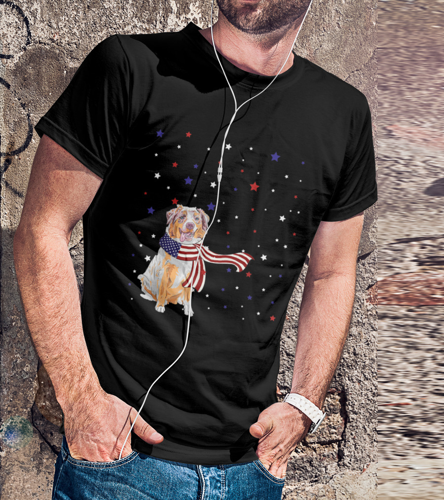 Australian Shepherd With American Flag Scarf And Starry Background T-Shirt