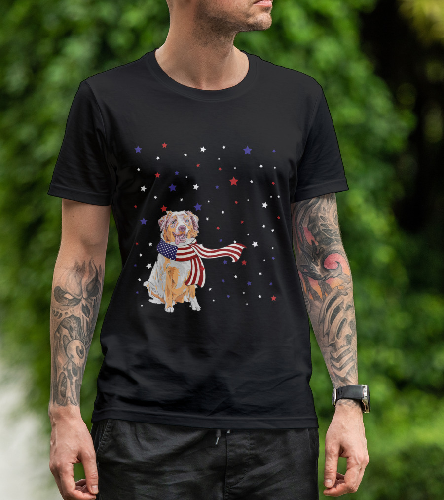 Australian Shepherd With American Flag Scarf And Starry Background T-Shirt