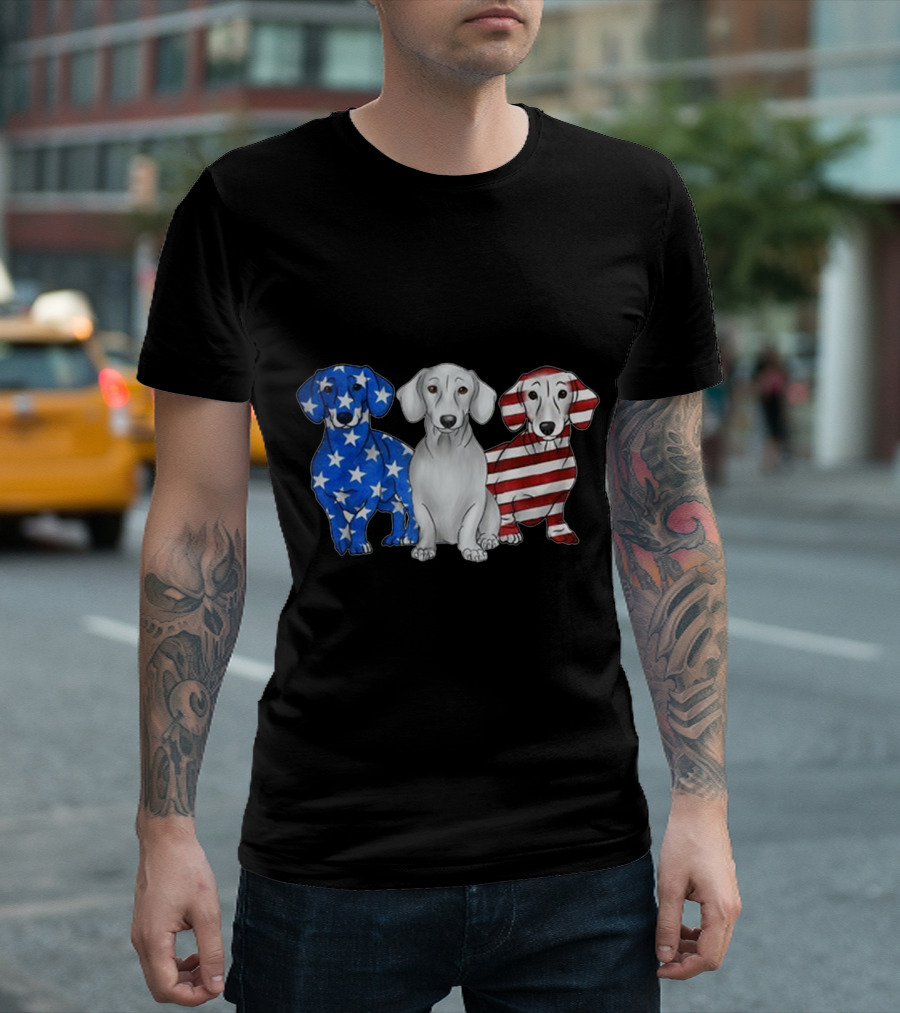 Dachshund Trio American Flag T-Shirt