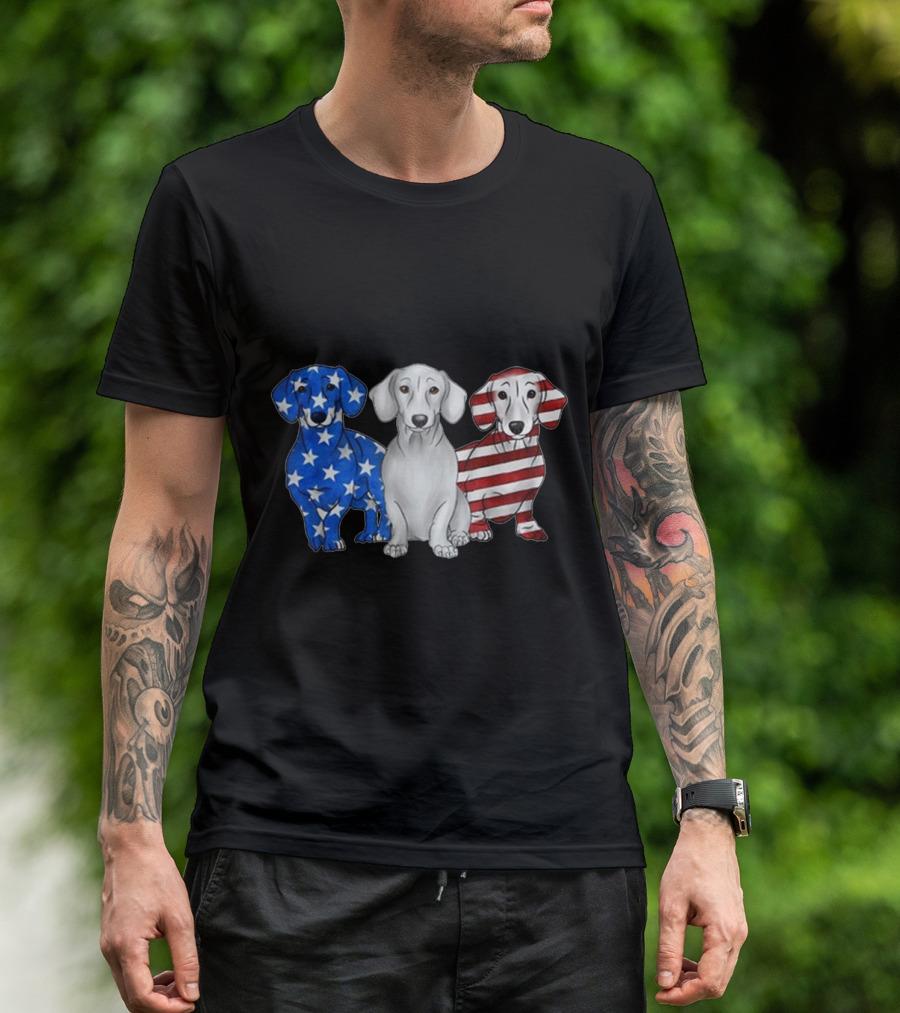 Dachshund Trio American Flag T-Shirt