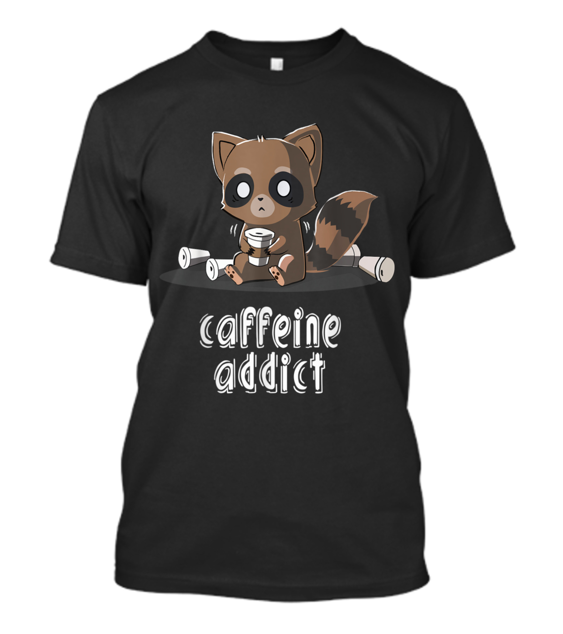 Caffeine Addict Raccoon Surrounded By Coffee Cups T-Shirt