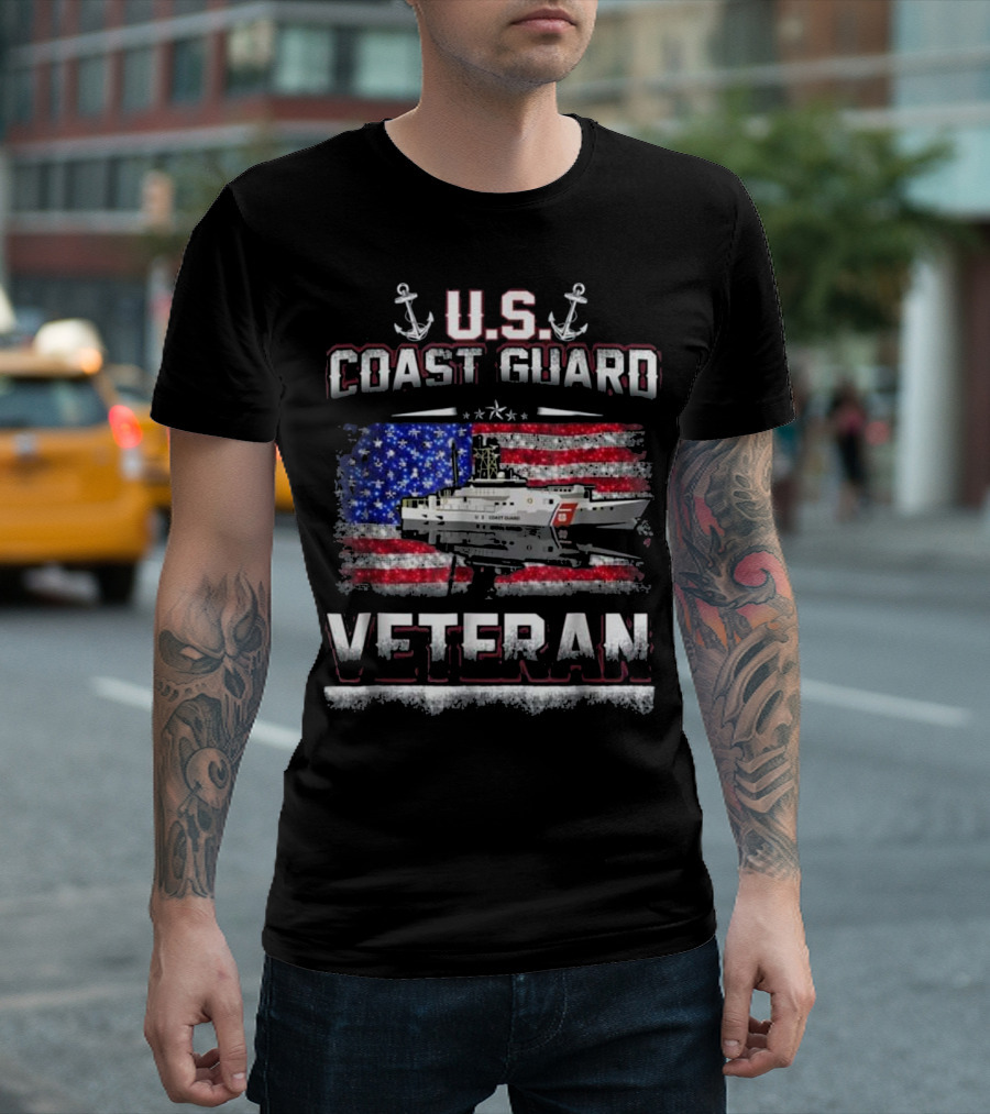 U.S. Coast Guard Veteran American Flag Ship Anchors T-Shirt