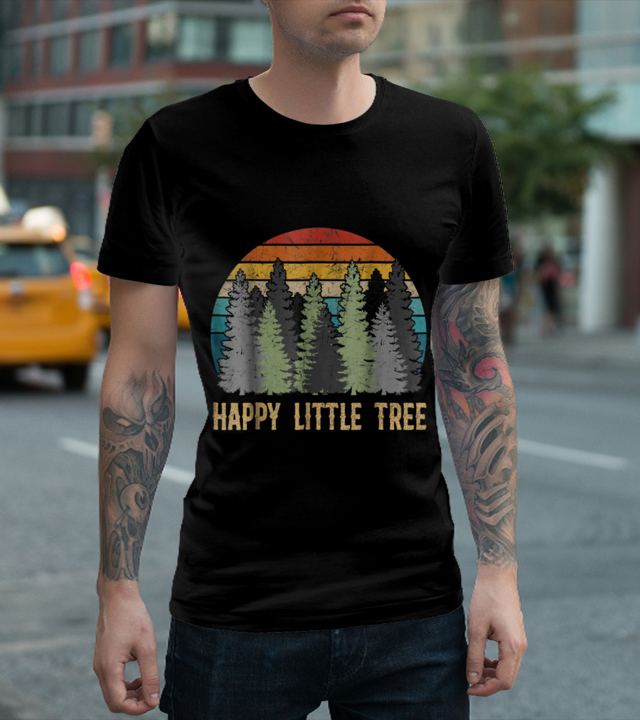 Happy Little Tree Retro Sunset Forest Stripes T-Shirt
