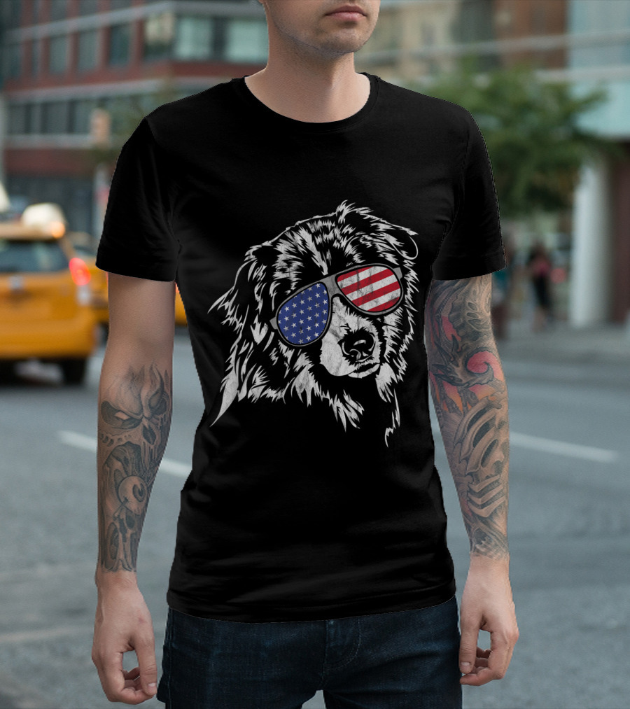 Funny Proud Aussie Dog Wearing American Flag Sunglasses T-Shirt