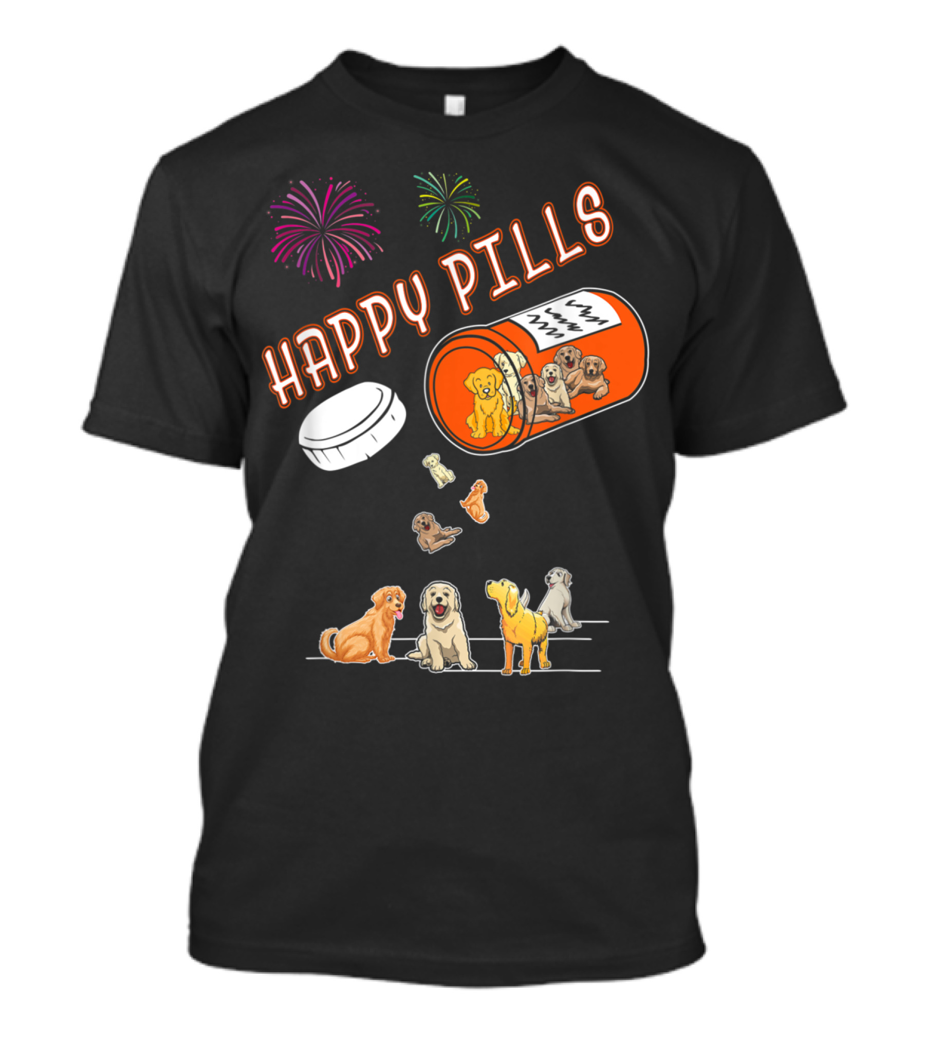 HAPPY PILLS Golden Retriever Dogs Fireworks T-Shirt