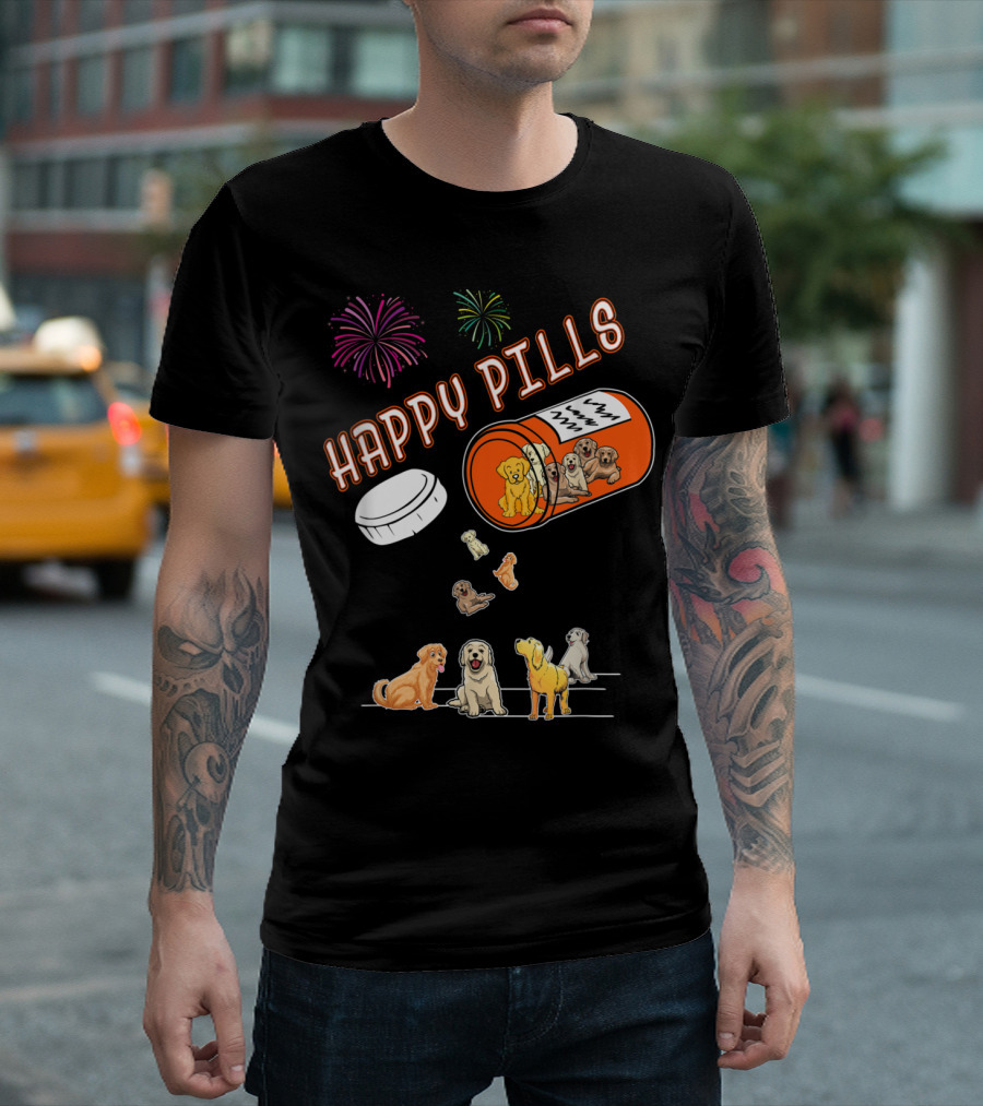 HAPPY PILLS Golden Retriever Dogs Fireworks T-Shirt