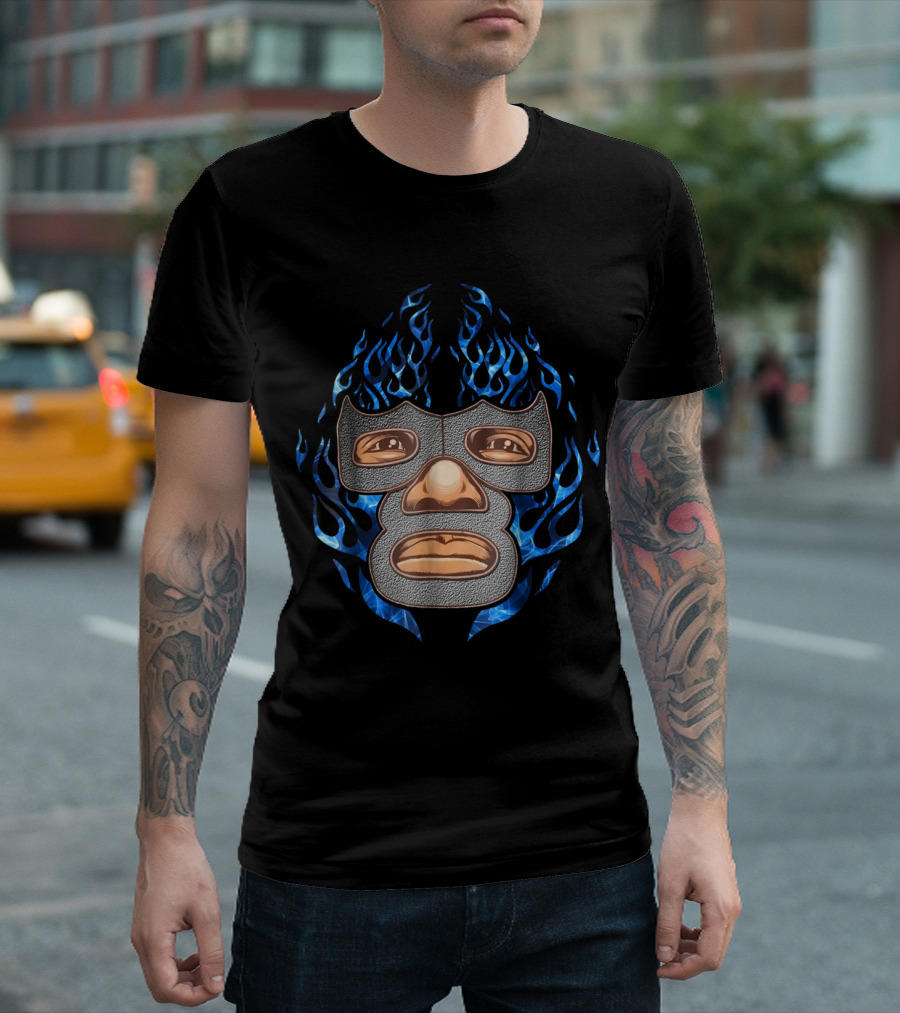 Feel Ink Lucha Libre Wrestling Mask Demon Blue Flames T-Shirt