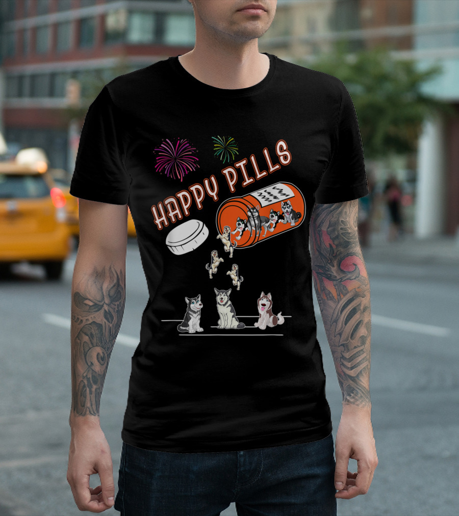 Happy Pills Husky Fireworks Celebrate Joyful Dogs T-Shirt