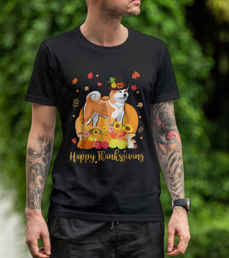 Happy Thanksgiving Akita Dog Pumpkin Harvest Leaves T-Shirt