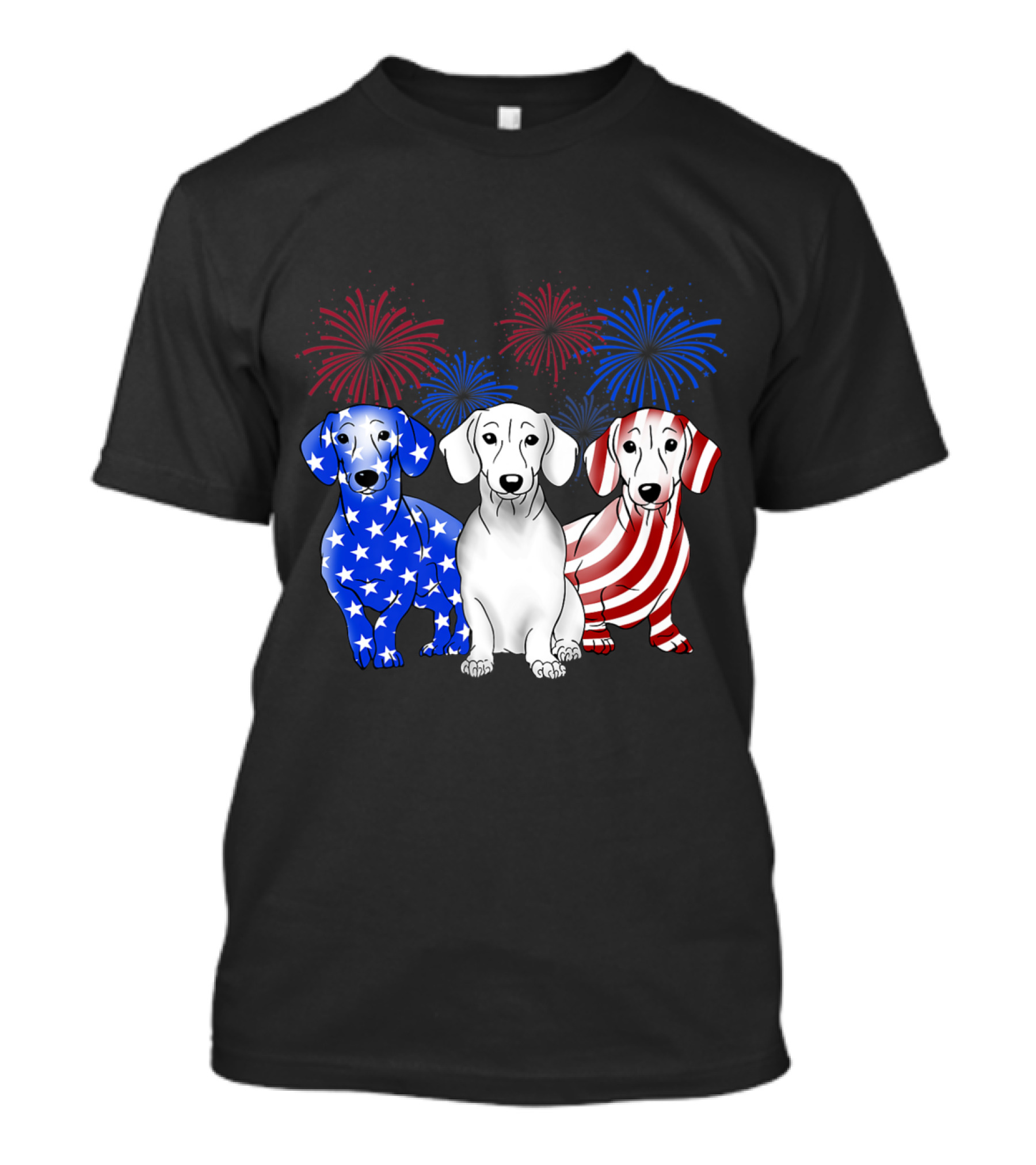 Dachshund Dog Patriotic Stars Stripes American Flag Fireworks T-Shirt