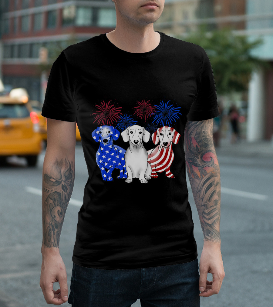 Dachshund Dog Patriotic Stars Stripes American Flag Fireworks T-Shirt