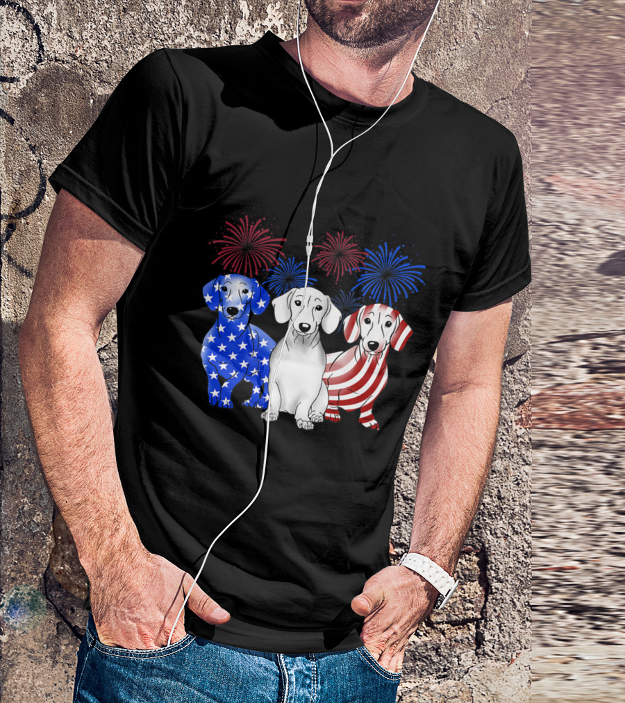 Dachshund Dog Patriotic Stars Stripes American Flag Fireworks T-Shirt