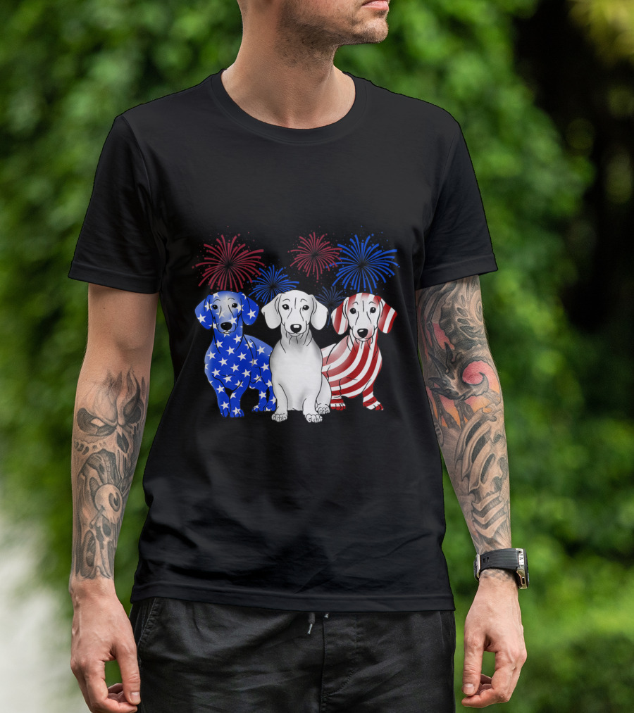 Dachshund Dog Patriotic Stars Stripes American Flag Fireworks T-Shirt
