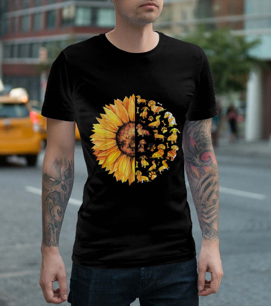 Dachshund Dog Hippie Sunflower Paws Bones Half Circle T-Shirt