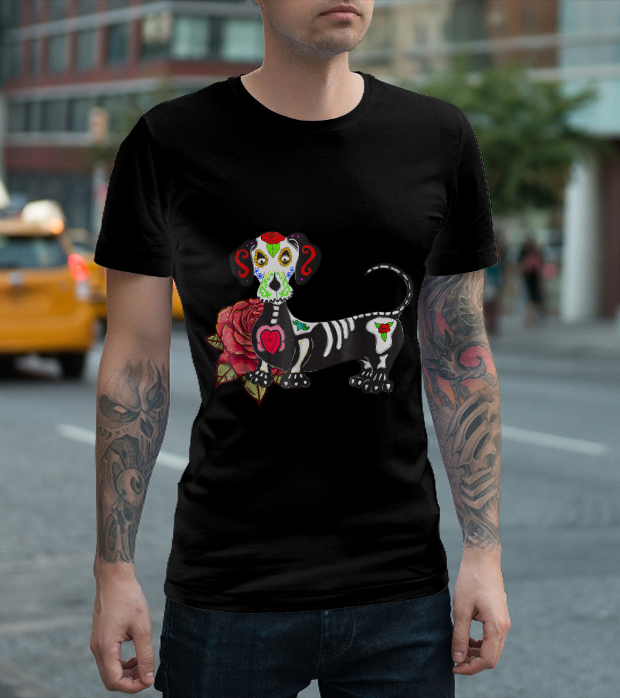 Dachshund Dog Lovers Halloween Day of the Dead Rose Skeleton T-Shirt