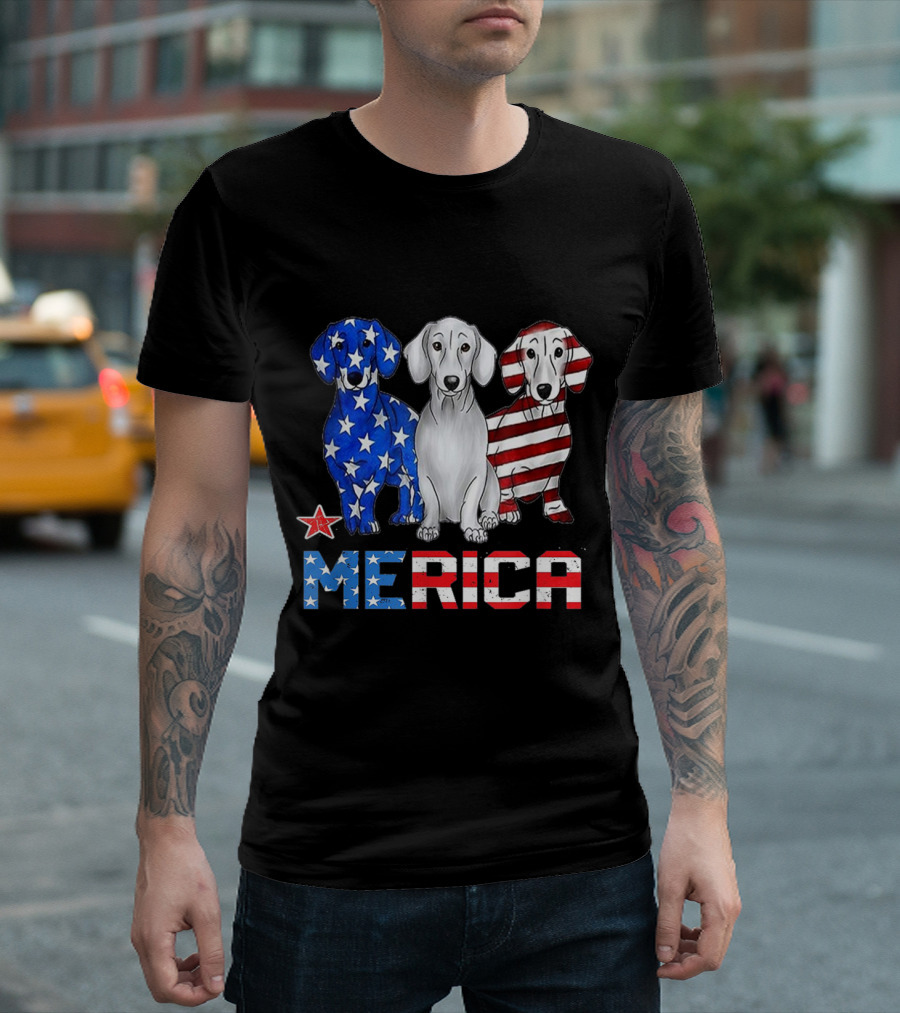Dachshund Dog Merica American Flag Stars And Stripes Patriot T-Shirt