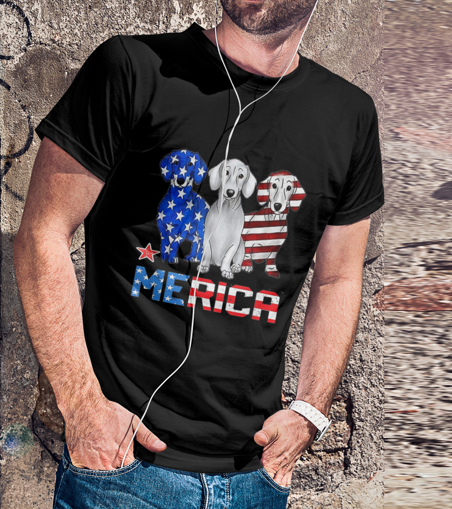 Dachshund Dog Merica American Flag Stars And Stripes Patriot T-Shirt