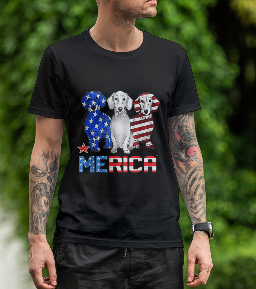 Dachshund Dog Merica American Flag Stars And Stripes Patriot T-Shirt
