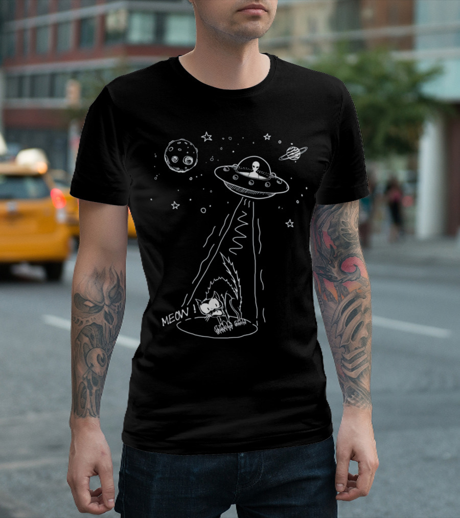 Meow UFO Alien Cat Abduction Space Planets Stars T-Shirt