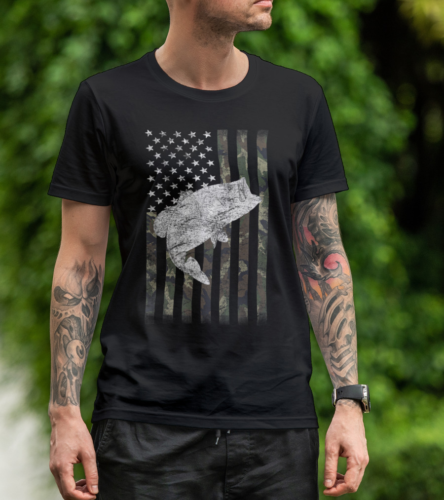 Camouflage American Flag Big Mouth Bass T-Shirt