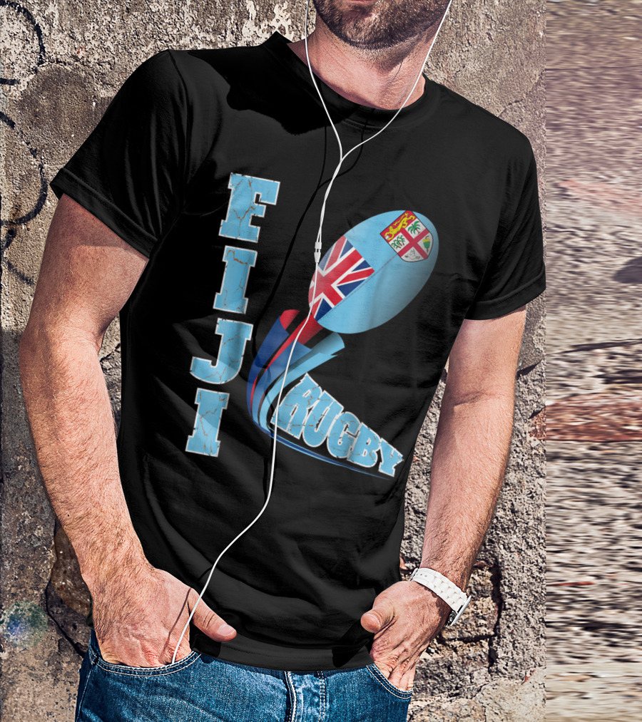 Fiji Rugby Distressed Marbled Text Union Jack Logo Ball T-Shirt