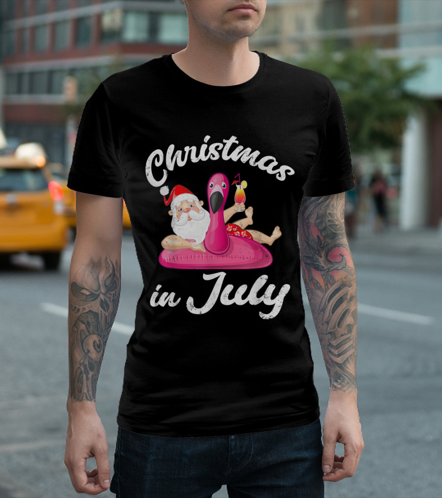 Christmas In July Hawaiian Summer Santa Inflatable Flamingo T-Shirt