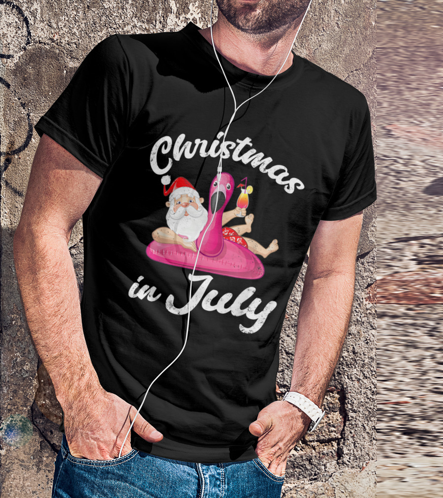Christmas In July Hawaiian Summer Santa Inflatable Flamingo T-Shirt