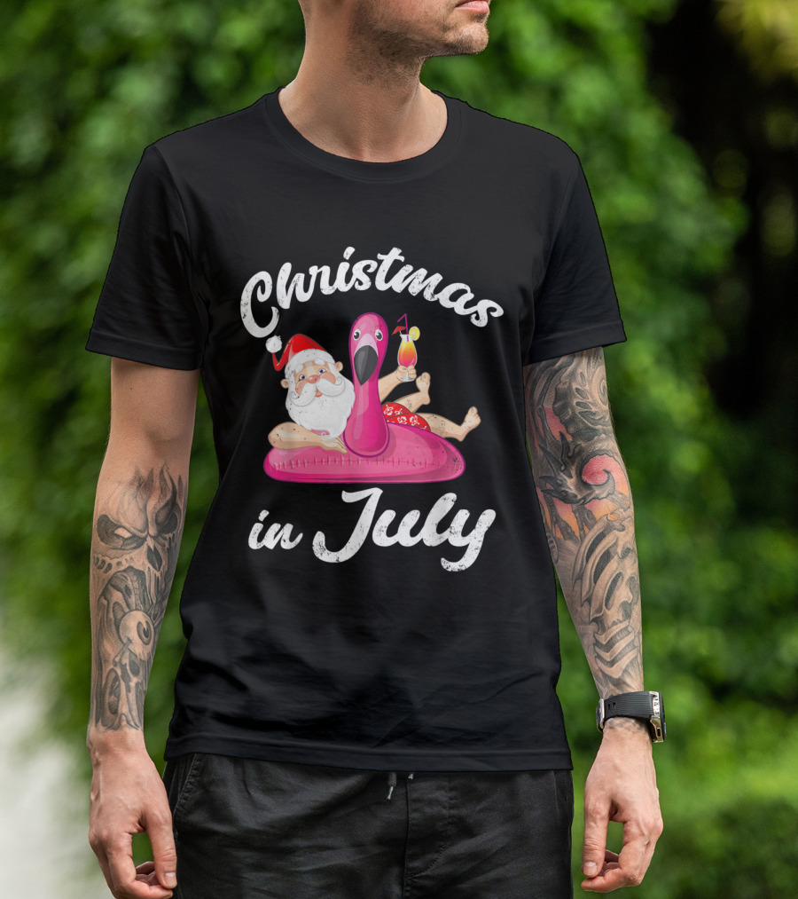 Christmas In July Hawaiian Summer Santa Inflatable Flamingo T-Shirt